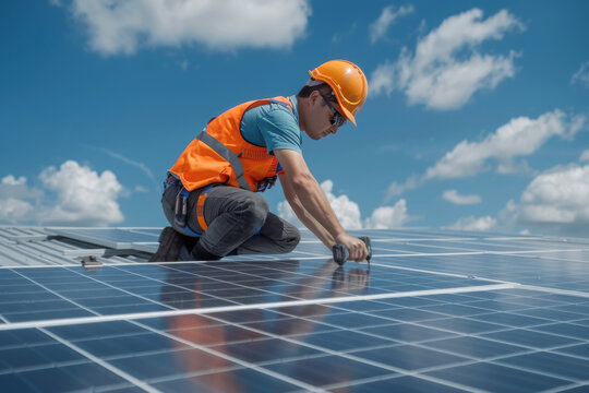 Trabajador sobre tejado montando paneles solares,  vistiendo equipo de seguridad, sobre fondo de cielo azul con nubes blancas