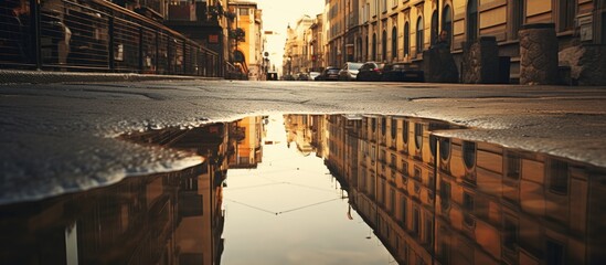 Urban Serenity: Reflective Puddle Amidst Busy City Intersection After Rain Shower - obrazy, fototapety, plakaty