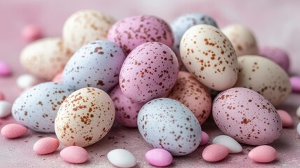 Obraz na płótnie Canvas a pile of speckled eggs sitting on top of a pile of pink, white and blue speckled eggs.