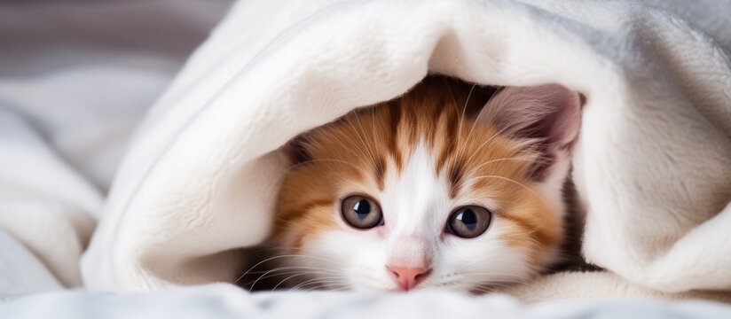 Cozy feline hiding under warm blanket during winter chill in comfy home