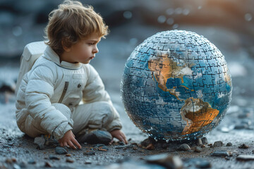A little boy, imagines himself to be an astronaut and explores a globe made from puzzle pieces. In a different way, the unique world of the child is visible.  World Autism Awareness Day concept.
