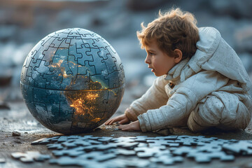 A little boy, imagines himself to be an astronaut and explores a globe made from puzzle pieces. In a different way, the unique world of the child is visible.  World Autism Awareness Day concept. - obrazy, fototapety, plakaty