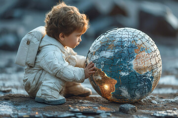 A little boy, imagines himself to be an astronaut and explores a globe made from puzzle pieces. In a different way, the unique world of the child is visible.  World Autism Awareness Day concept.