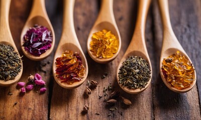 Variety of herbs and spices in wooden spoons on wooden table
