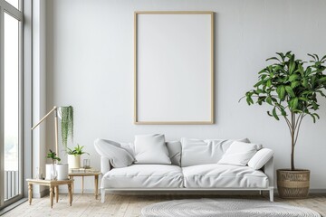 A white living room with a large white couch and a potted plant