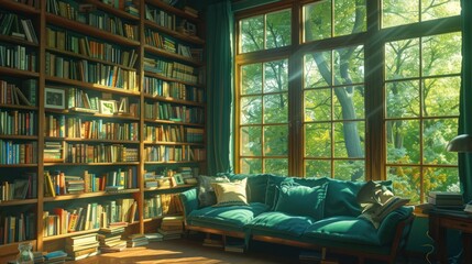 a room with a couch, bookshelf, and a window with a view of a forest outside of it.