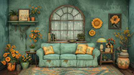 a painting of a living room with sunflowers on the wall and a blue couch in front of a window.