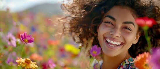 Fototapeta premium Young woman relaxing in summer field wildflowers outdoor. People freedom style.