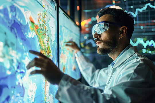 Scientists interpret atmospheric charts, forecasting climate trends and weather events, studying climate change.