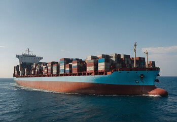 container cargo freight ship with crane on water transporting