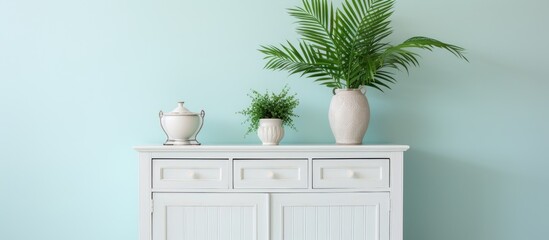 White wooden cabinet with plant and mint lampshade