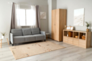 Blurred view of modern living room with grey sofa and wooden closet