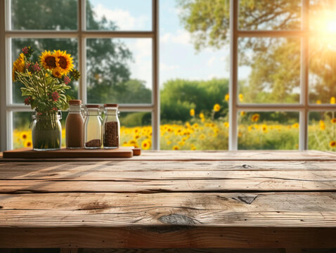 A wooden table in front of a window to place your product against a backdrop of a field of blooming sunflowers with a white cloudy and blue sky
