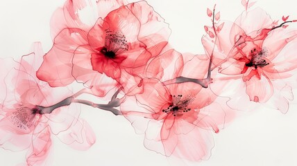 Beautiful watercolor drawing of delicate pink and red flowers on a white background