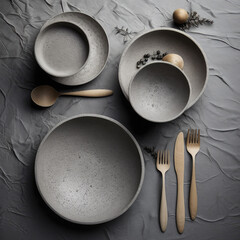 Aesthetic display of neutral-toned dishware and cutlery.