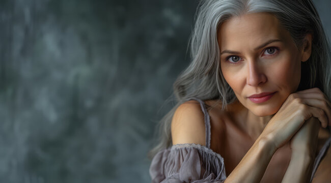 Studio portrait of a mature woman in her 60's with long grey hair and beautiful skin. Skin care and cosmetics. Aging gracefully and in good health. Copy space.