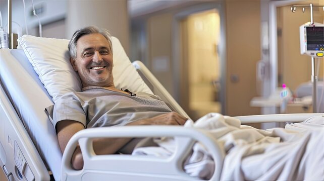 Satisfied Male Patient Smiling Comfortably on Modern Hospital Bed: Healthcare Satisfaction Concept
