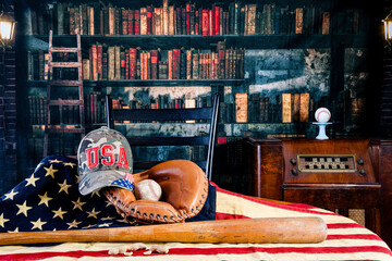 Baseball glove bat and ball on American flag with peanuts and baseball hat in old library