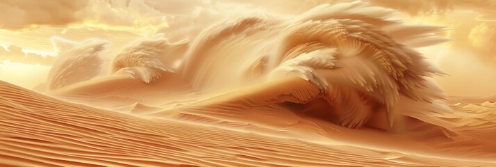Wave send dune. Captivating digital art of swirling sand dunes in a desert, bathed in golden light—ideal for thematic wall art or background.