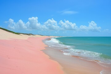 Breathtaking view of Dunas do Rosado in Brazil, where golden sands meet a lush palm tree and clear waters, an ideal travel or nature-themed image
