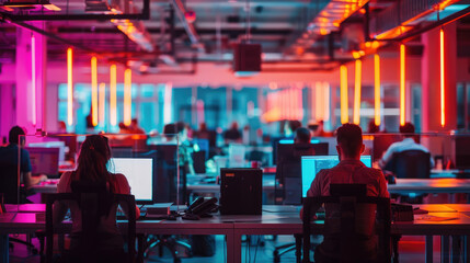 Tech startup, neon lighting working in a modern office at their desks