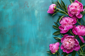 Beautiful pink peonies on a vibrant turquoise background with space for your text, perfect for summer floral designs