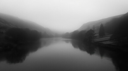 Fototapeta premium a black and white photo of a body of water in the middle of a foggy day with mountains in the background.