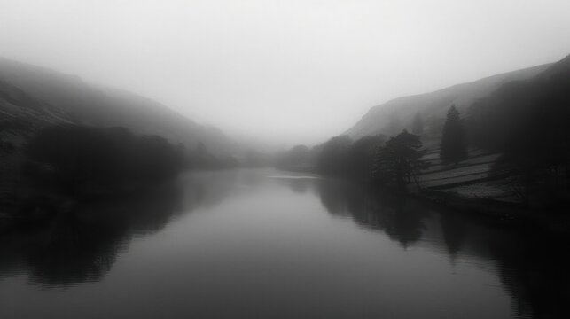 a black and white photo of a body of water in the middle of a foggy day with mountains in the background.