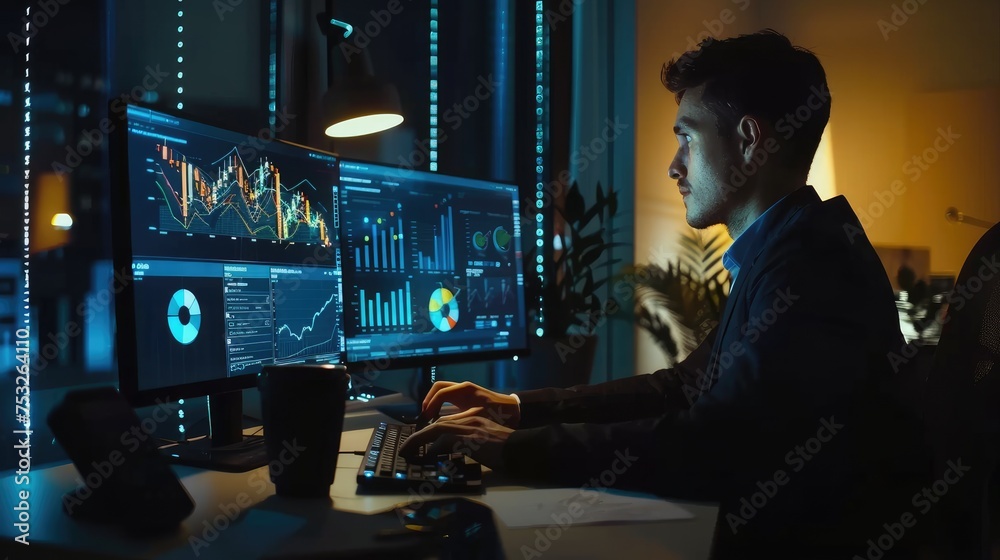 Poster businessman working on computer, analyzing business data, graphs and diagrams in modern office.