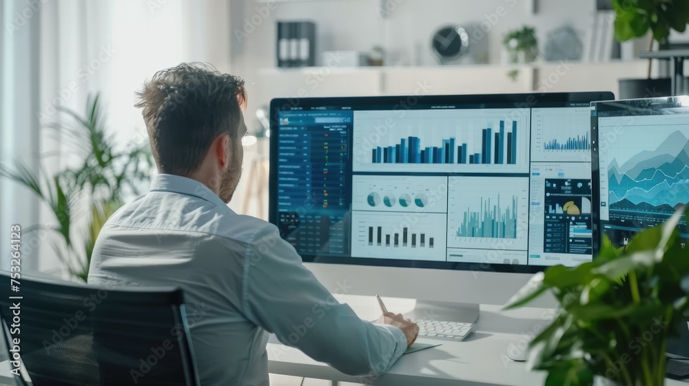 Poster businessman working on computer, analyzing business data, graphs and diagrams in modern office.