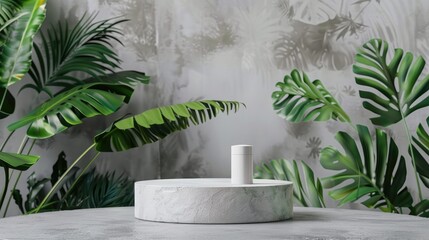 Cosmetics product advertising podium stand with tropical jungle leaves background. Empty gray stone pedestal platform to display beauty product.