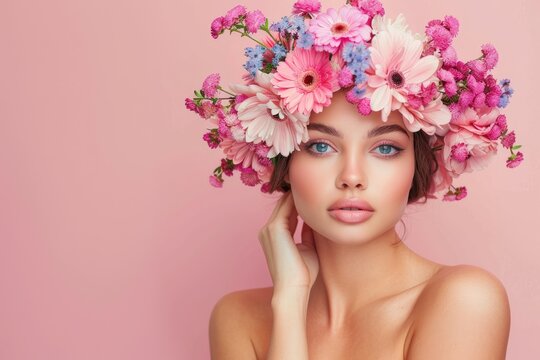 Beauty woman portrait with wreath from flowers on head pink background