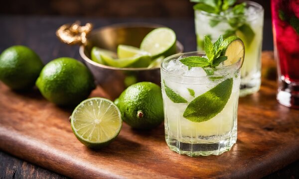 Mojito in a glass. Ingredients for shakers and mojito caipirinha cocktails