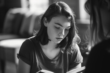Pensive Young Reader in Monochrome
