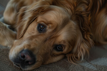 A golden retriever's tender eyes convey trust and companionship, inviting a moment of connection.