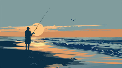 Silhouette of the fisherman on the beach