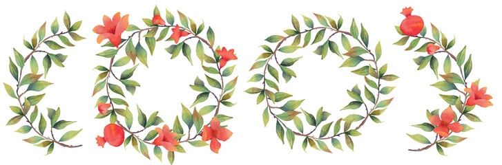 Pomegranate branch wreath with flowers and fruits set collection. Botanical illustration clipart.. White background
