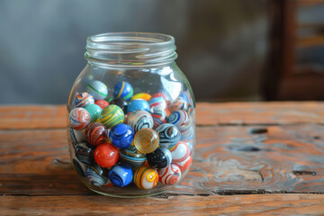 A glass jar full of colorful marbles on an old wooden table.