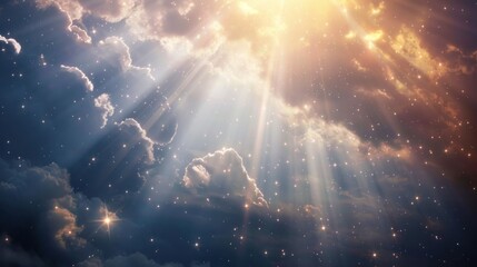 Light beams blessing world with heavenly light. Abstract futuristic sky background - obrazy, fototapety, plakaty