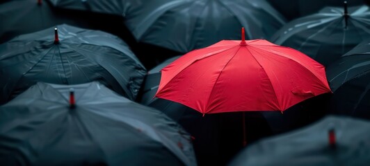 Standing out from the crowd concept, red umbrella among a crowd of black umbrellas