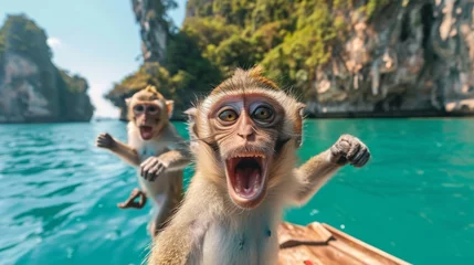 Fotobehang Monkeys on the boat in the sea © Олег Фадеев