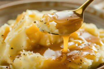 A bowl and spoon of mashed potatoes and gravy.
