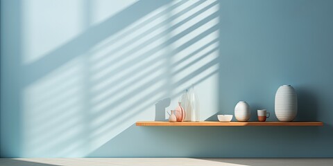 Simple pale blue backdrop for displaying products. Shadows and light cast by windows on plaster wall.