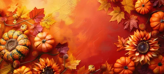 Poster Autumn background from fallen leaves and pumpkins on wooden vintage table. Autumn concept with red-yellow leaves background. Thanksgiving pumpkins. © Ibad