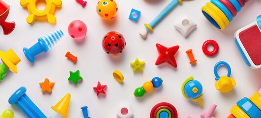 Baby kids toys banner background. Top view to colorful educational wooden toys on white background. Early education, zero waste, Montessori toys for children