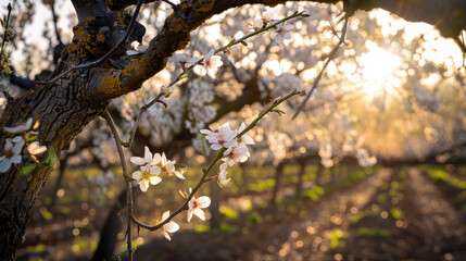 Blossoming almond trees in a sunny orchard.