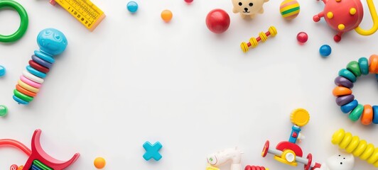Baby kids toys banner background. Top view to colorful educational wooden toys on white background. Early education, zero waste, Montessori toys for children