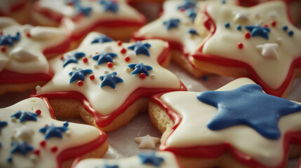 Festive star-shaped sugar cookies adorned with red, white, and blue icing, perfect for celebrating Independence Day. - Powered by Adobe