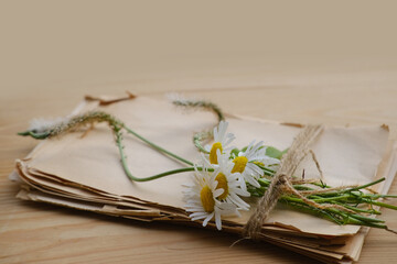 empty stack of old rustic paper torn off edges tied with coarse hemp twine, sentimental rustic...