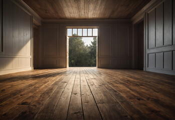 empty room with wooden floor and open door